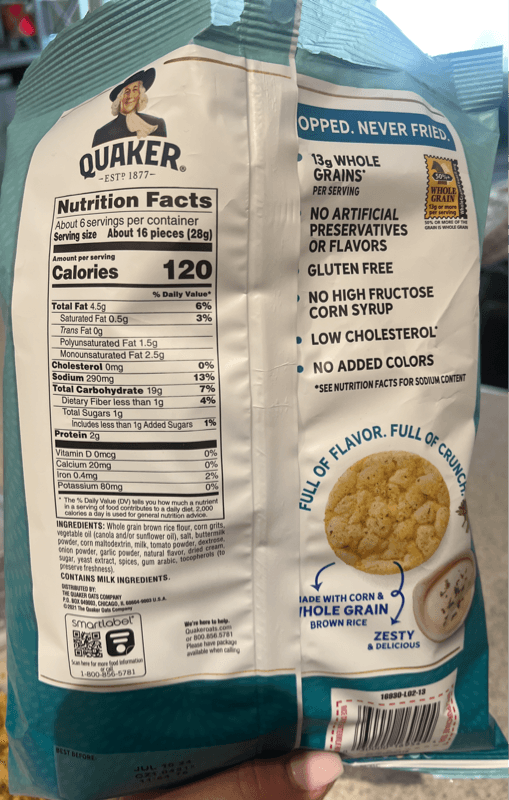 Is it Lactose Free? Quaker Popped Rice Crisps Gluten Free Buttermilk Ranch