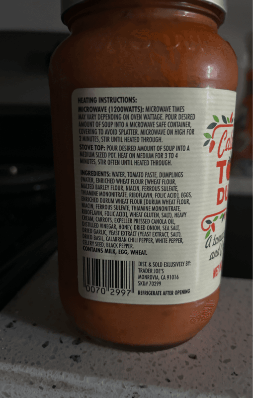 Is it Gluten Free? Trader Joe's Calabrian Chili Tomato Dumpling Soup