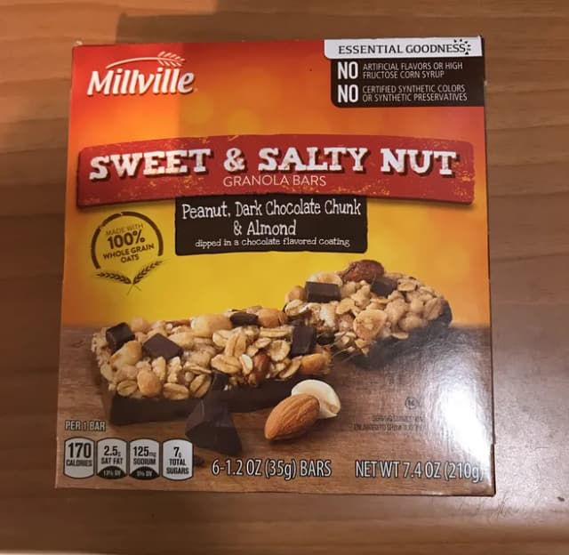 Is it Egg Free? Millville Sweet & Salty Nut Granola Bars Peanut, Dark Chocolate Chunk & Almond